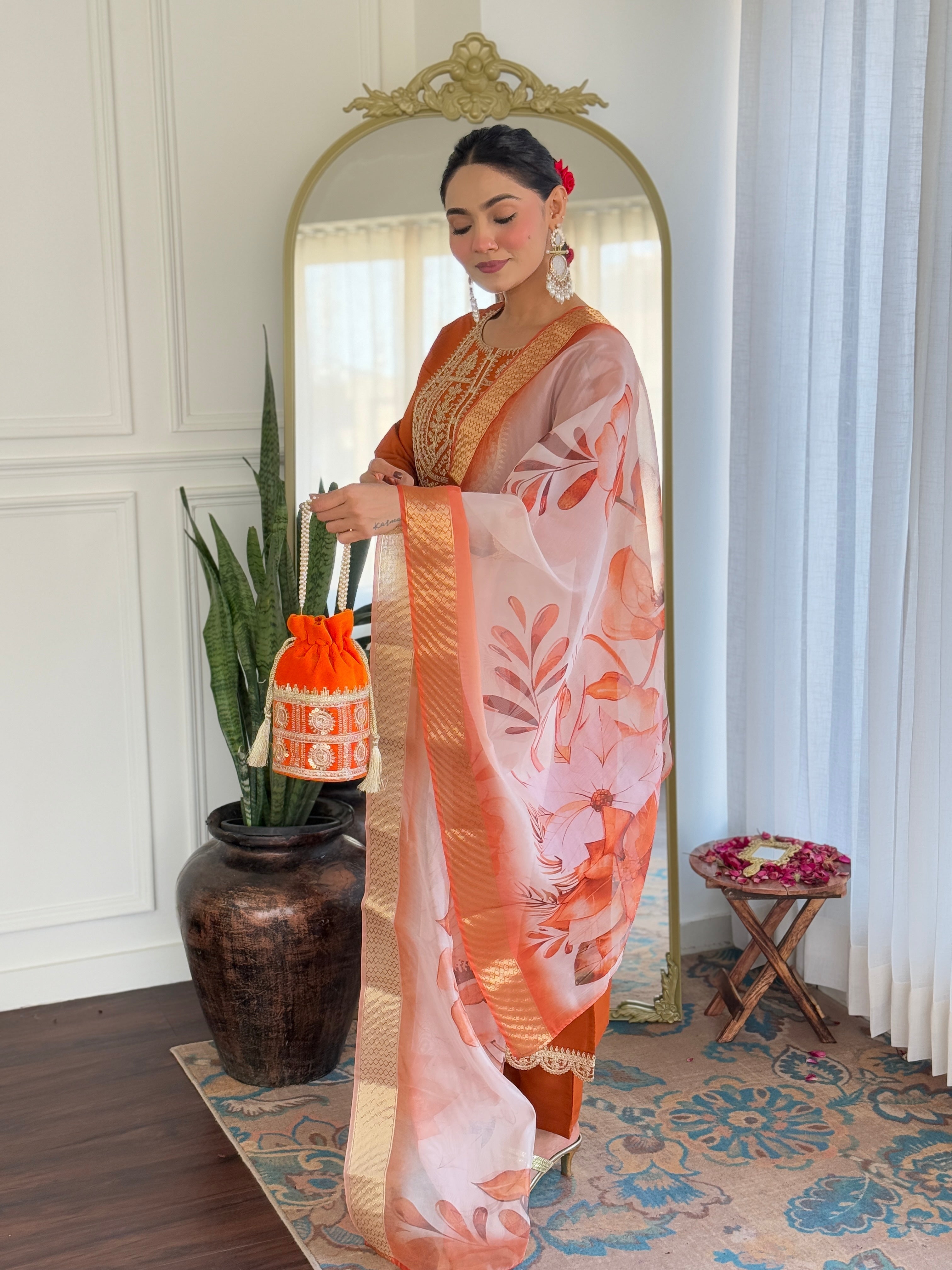 Beautiful Orange Color Viscose Rayon Fabric Kurtis Pant Set