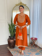 Beautiful Orange Color Viscose Rayon Fabric Kurtis Pant Set