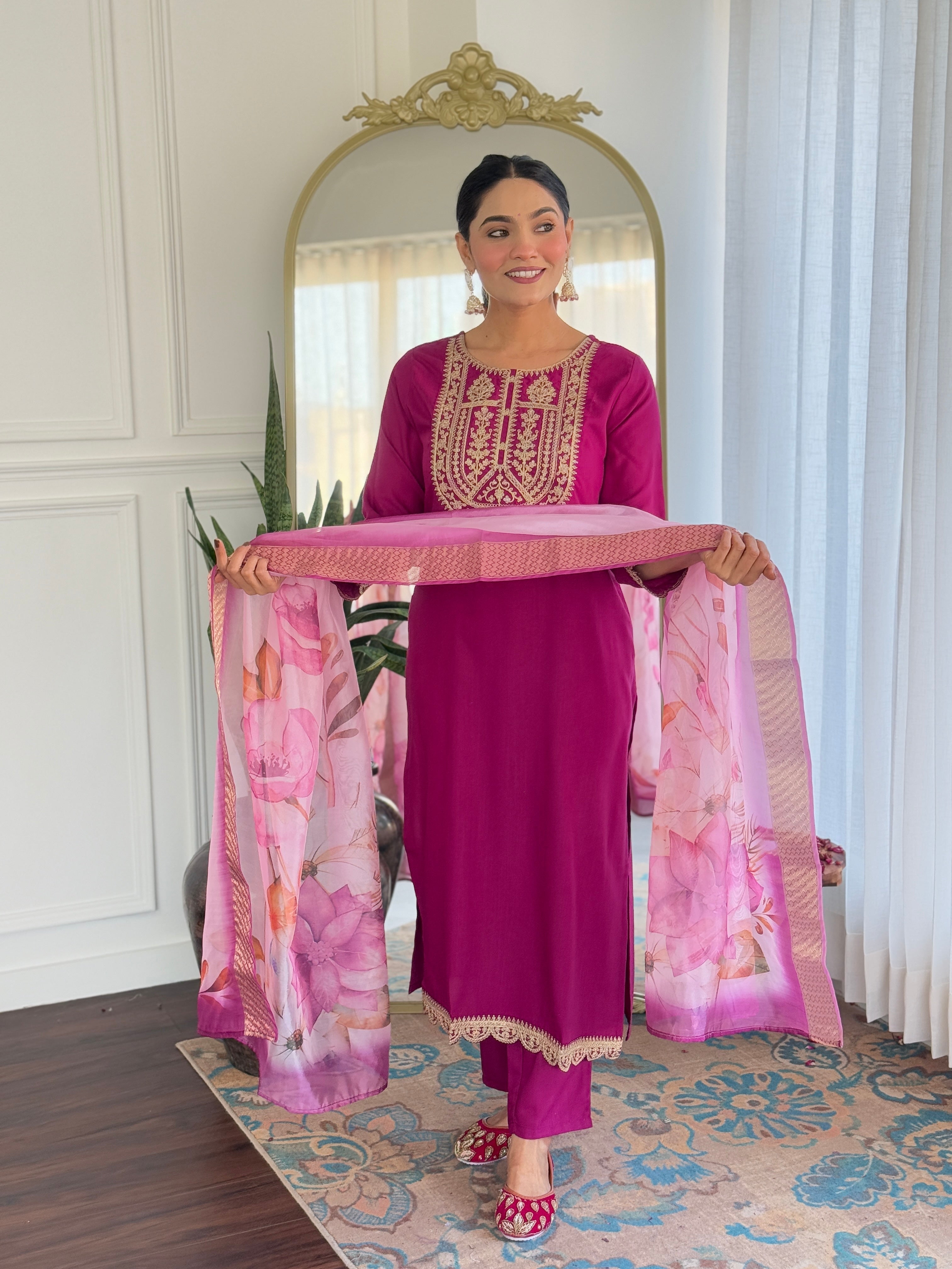 Beautiful Wine Color Viscose Rayon Fabric Kurtis Pant Set