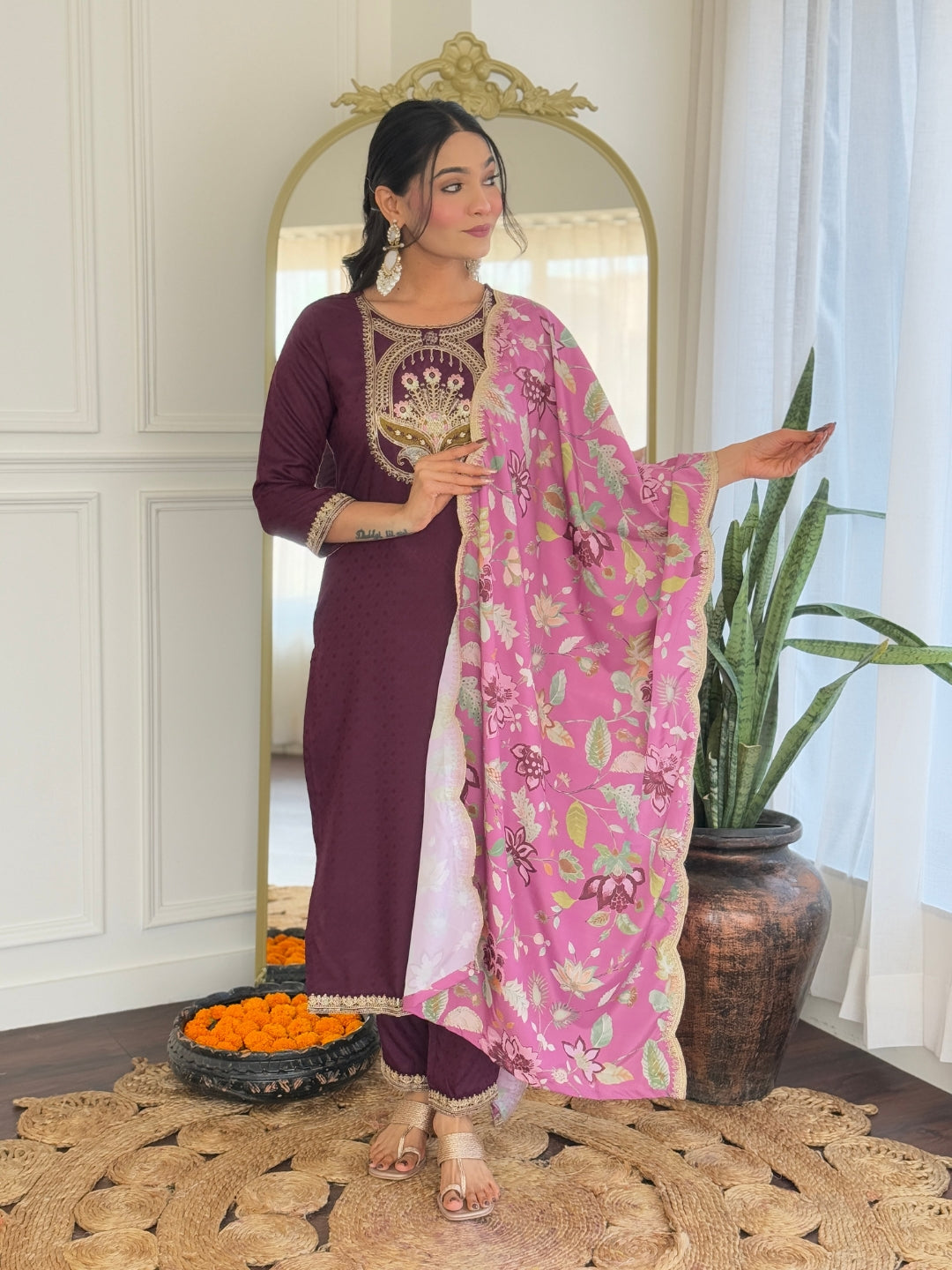 Beautiful Wine Color Viscose Rayon Fabric Kurtis Pant Set