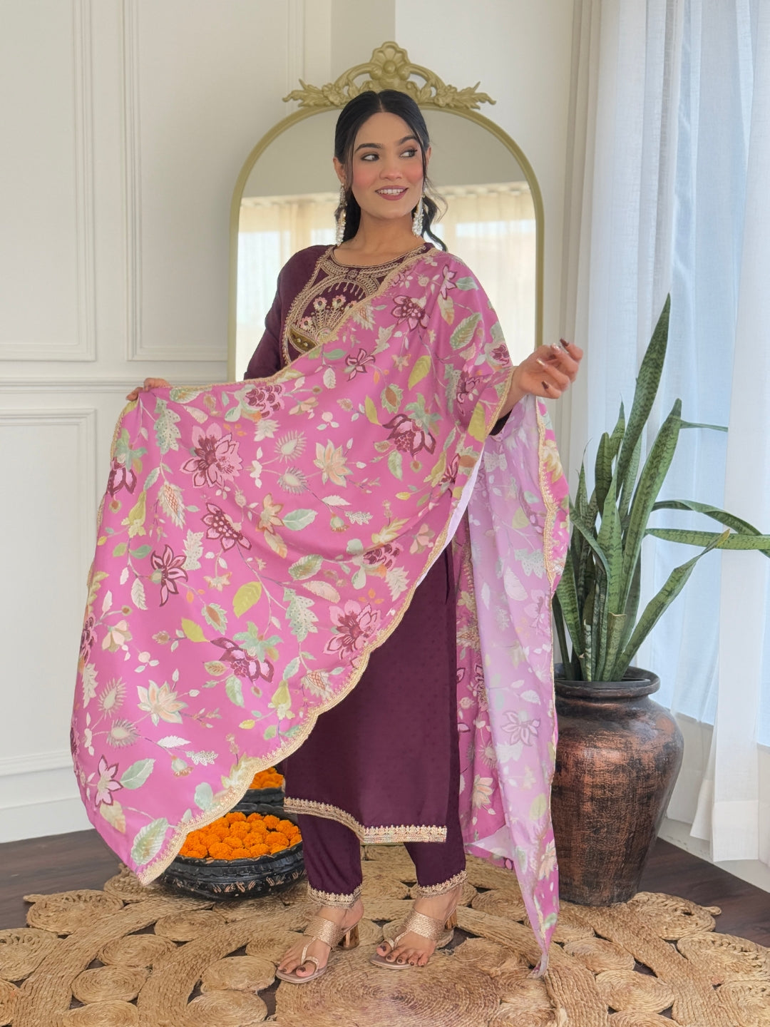 Beautiful Wine Color Viscose Rayon Fabric Kurtis Pant Set