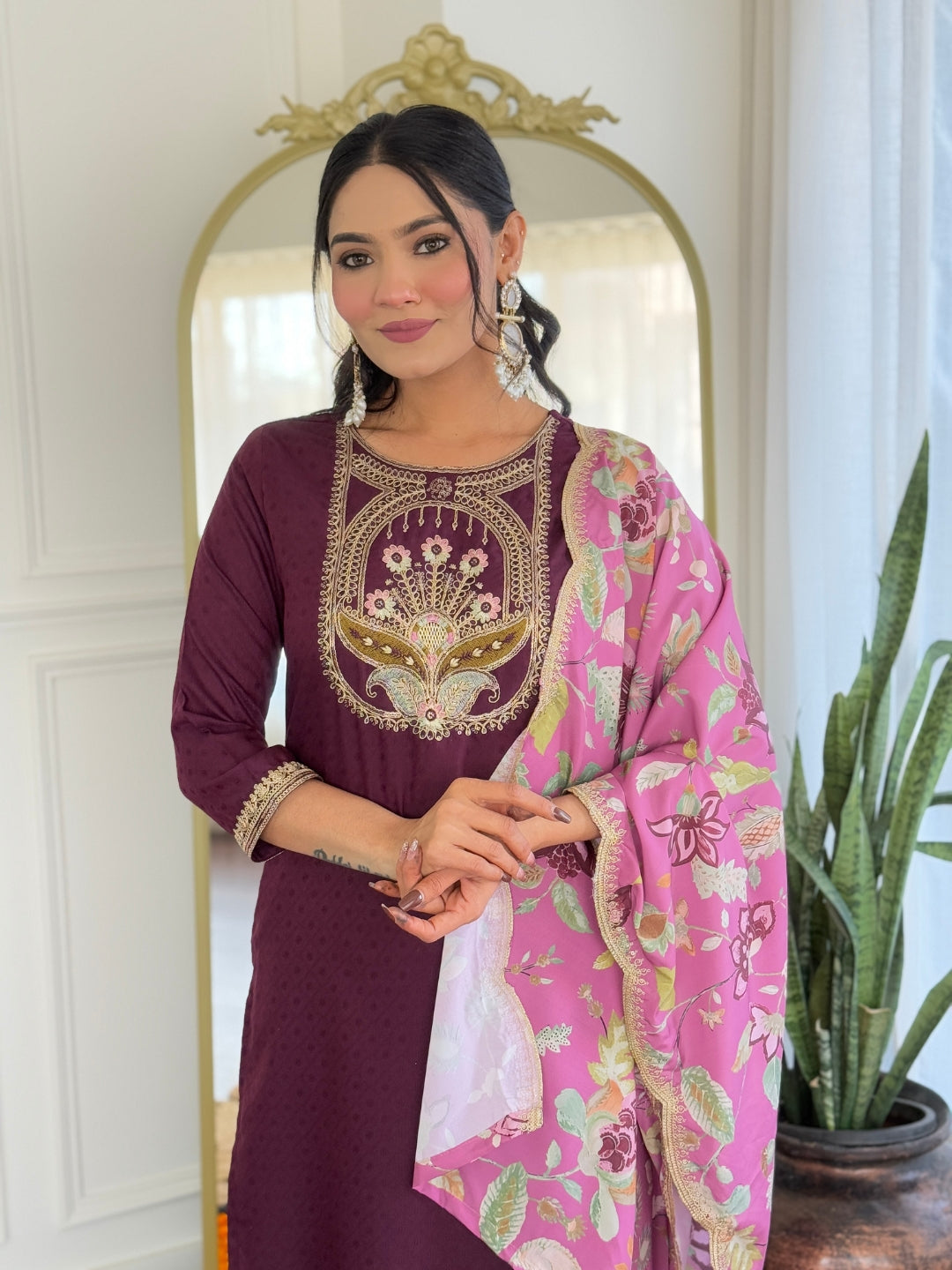 Beautiful Wine Color Viscose Rayon Fabric Kurtis Pant Set