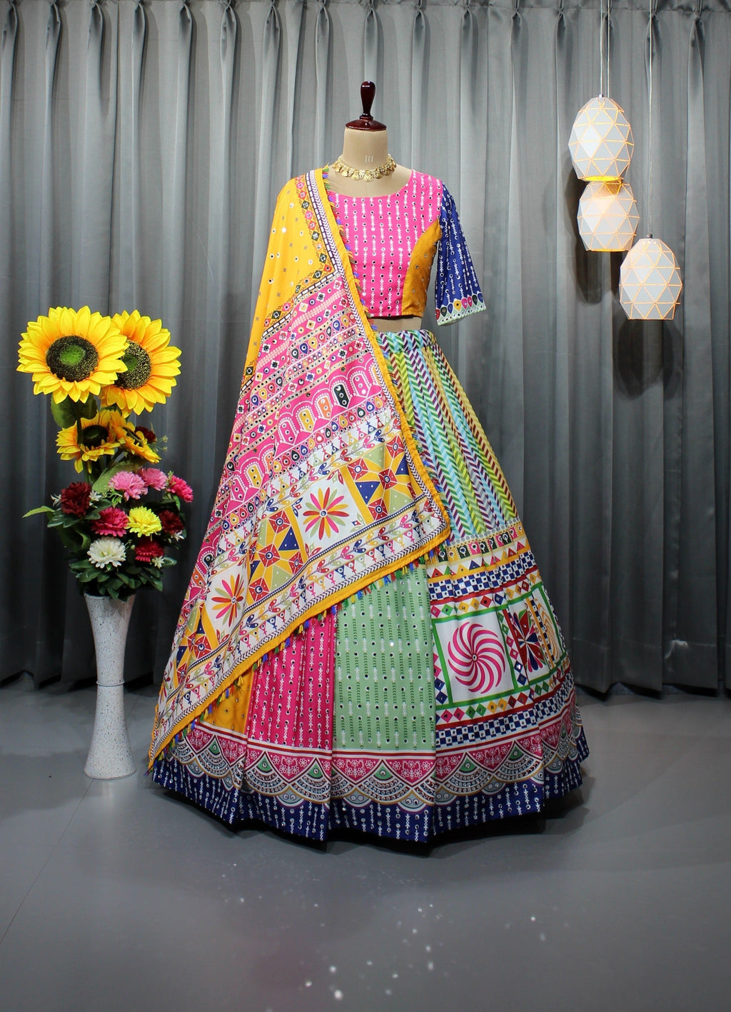 MultiColor Soft Butter Silk Chaniya Choli | Fancy Digital with Real Mirror Work for Traditional Wear