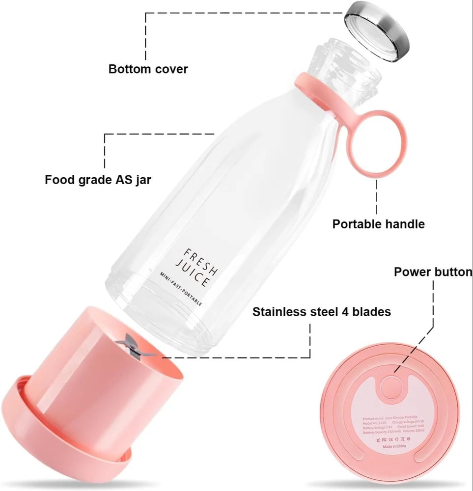 Portable Blender, USB Rechargeable Mini Juicer Blender, Electric Juicer Bottle Blender Grinder Mixer