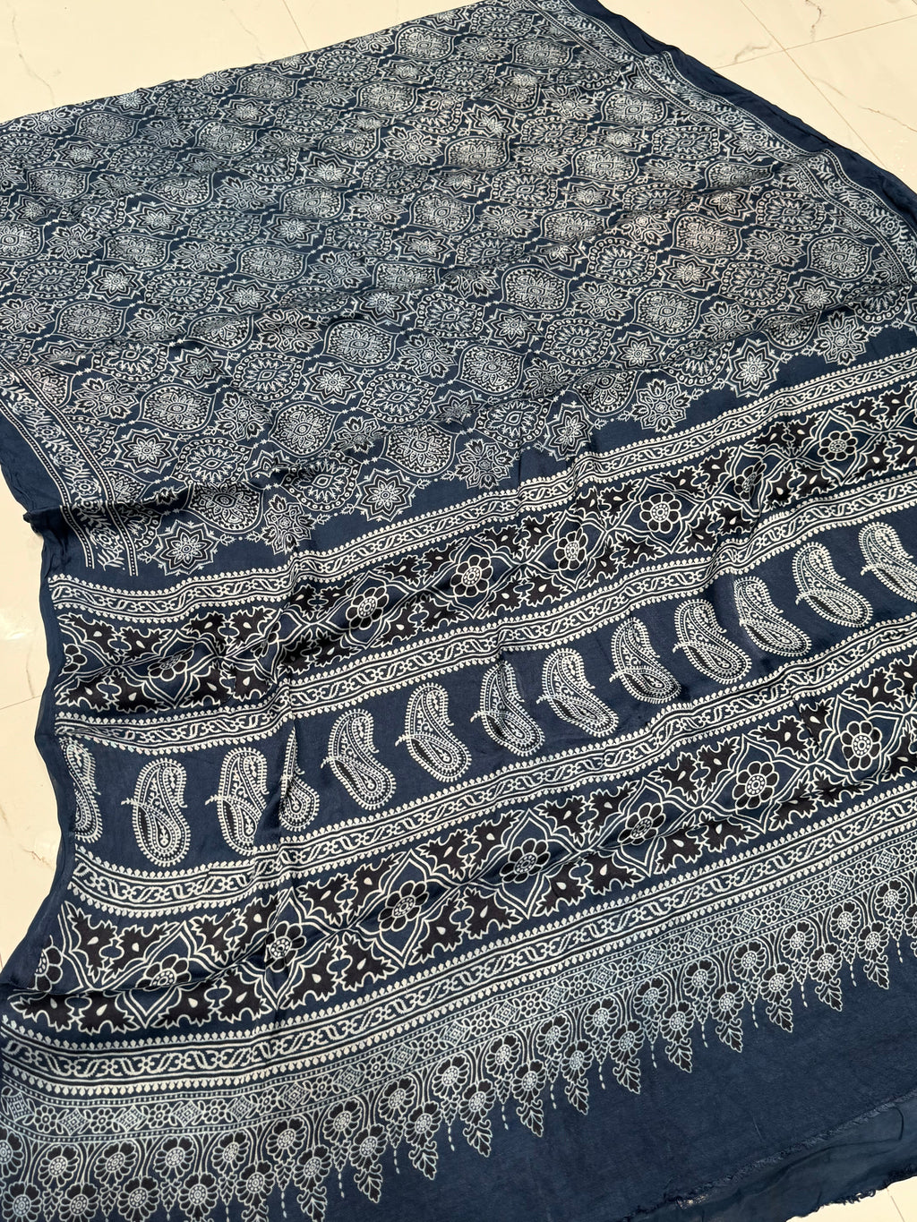 Indigo Blue Ajrakh Hand Block Modal Silk Saree With Fancy Ajrakh Pallu