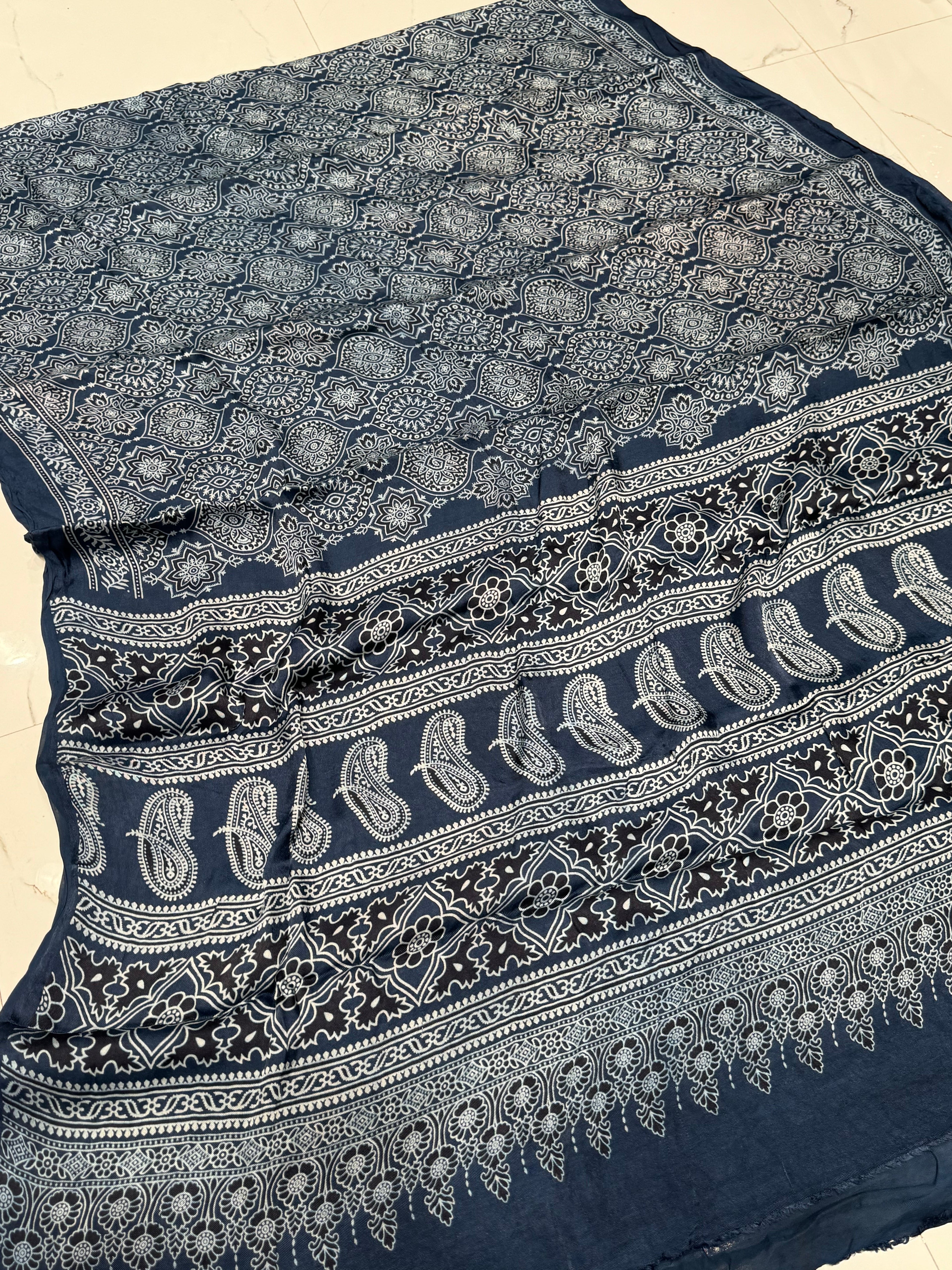 Indigo Blue Ajrakh Hand Block Modal Silk Saree With Fancy Ajrakh Pallu