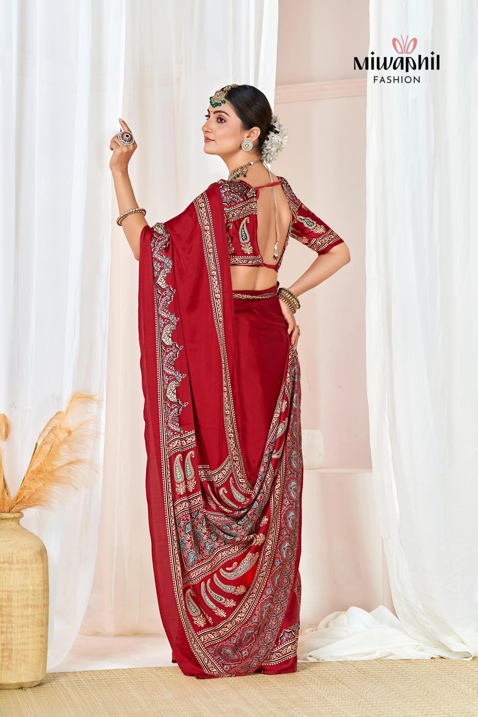 Maroon Ajrakh Printed Modal Silk Plain Saree With Ajrakh Blouse P6