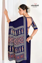 Blue Ajrakh Printed Modal Silk Plain Saree With Ajrakh Blouse P6