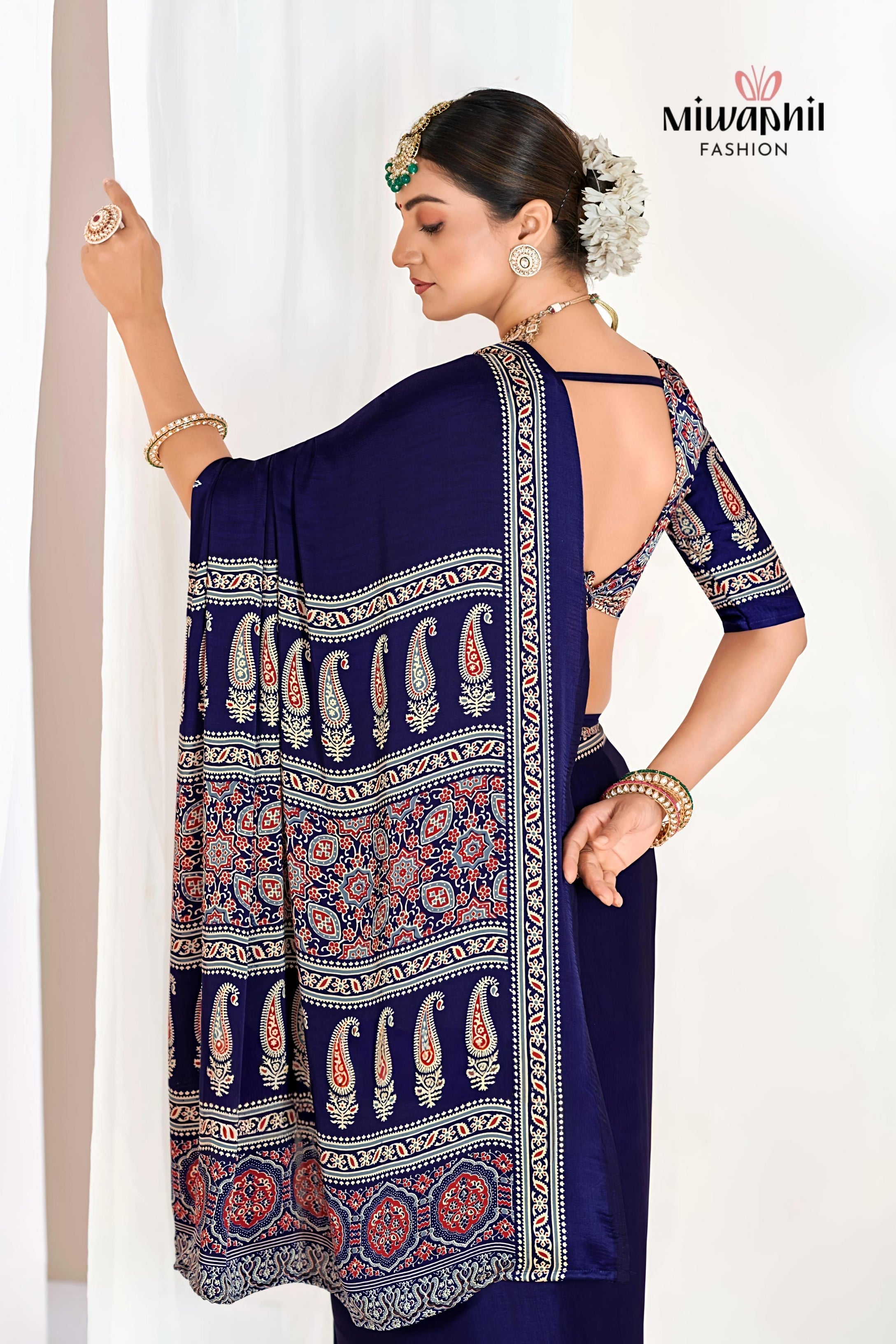 Blue Ajrakh Printed Modal Silk Plain Saree With Ajrakh Blouse P6