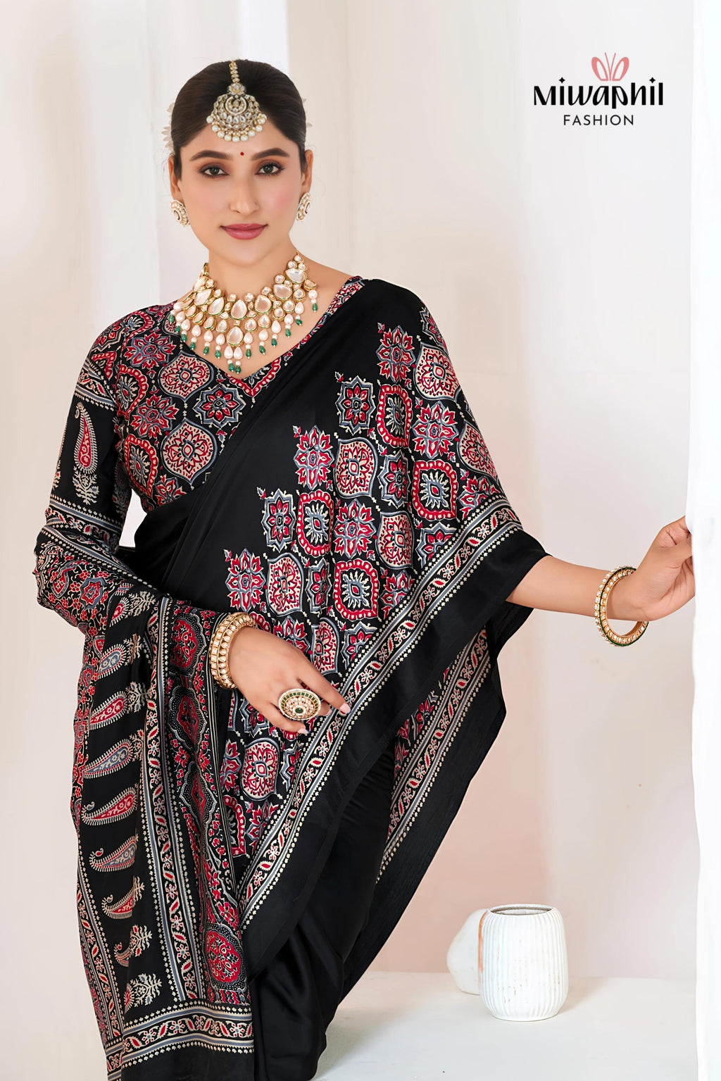 Black Ajrakh Printed Modal Silk Plain Saree With Ajrakh Blouse P6