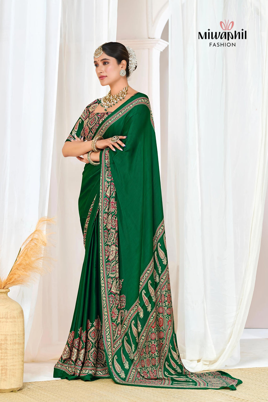 Green Ajrakh Printed Modal Silk Plain Saree With Ajrakh Blouse P6