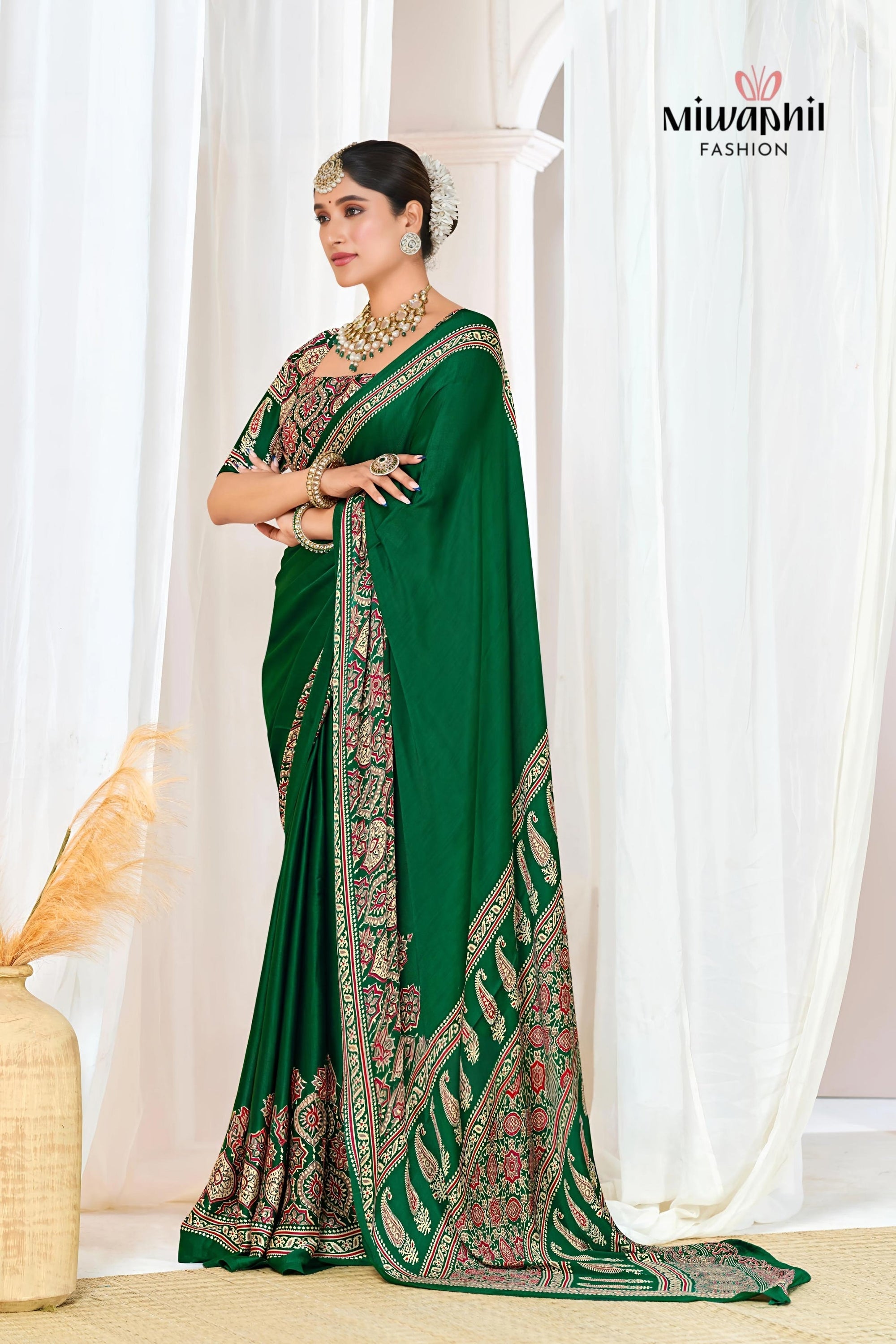 Green Ajrakh Printed Modal Silk Plain Saree With Ajrakh Blouse P6