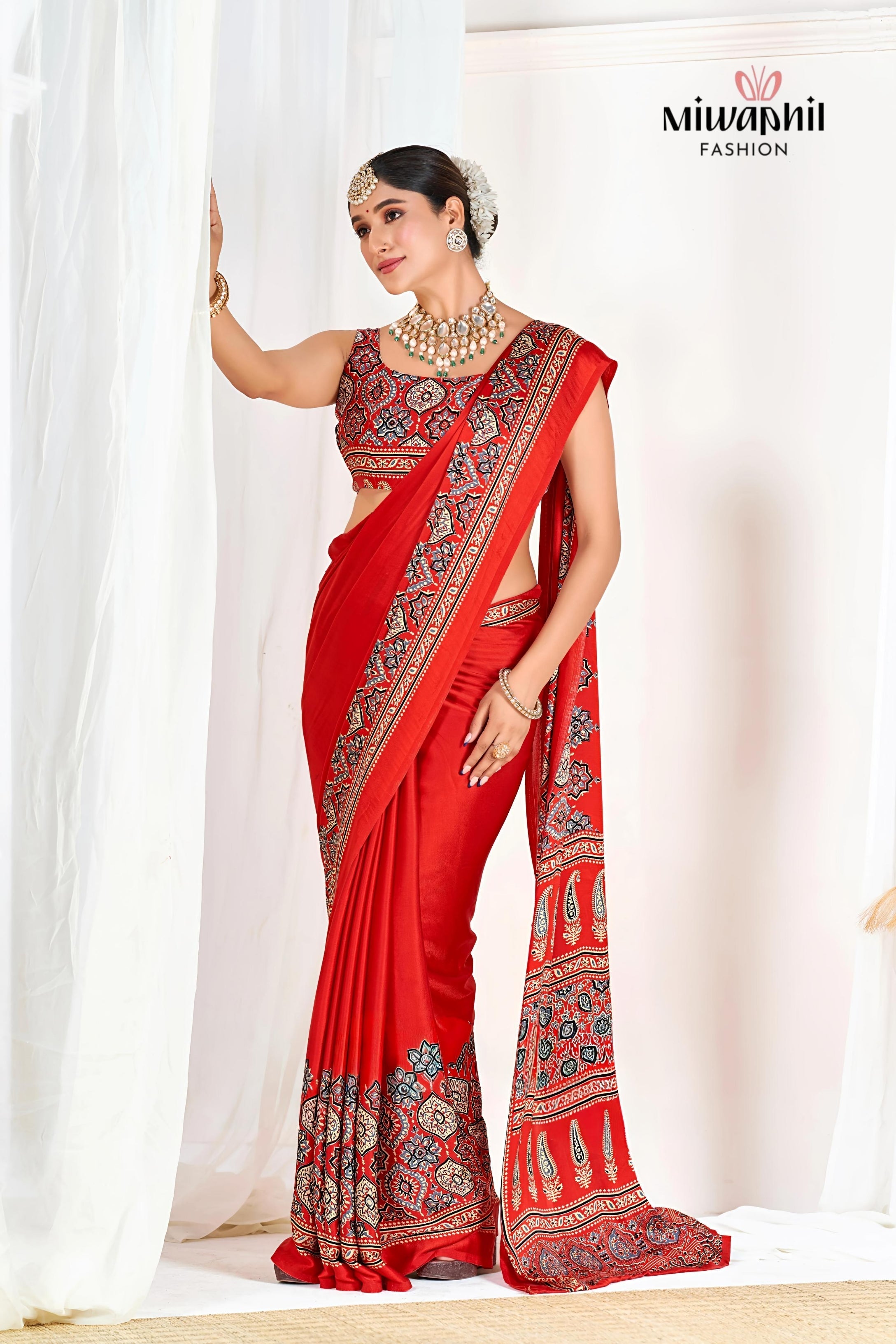 Red Ajrakh Printed Modal Silk Plain Saree With Ajrakh Blouse P6
