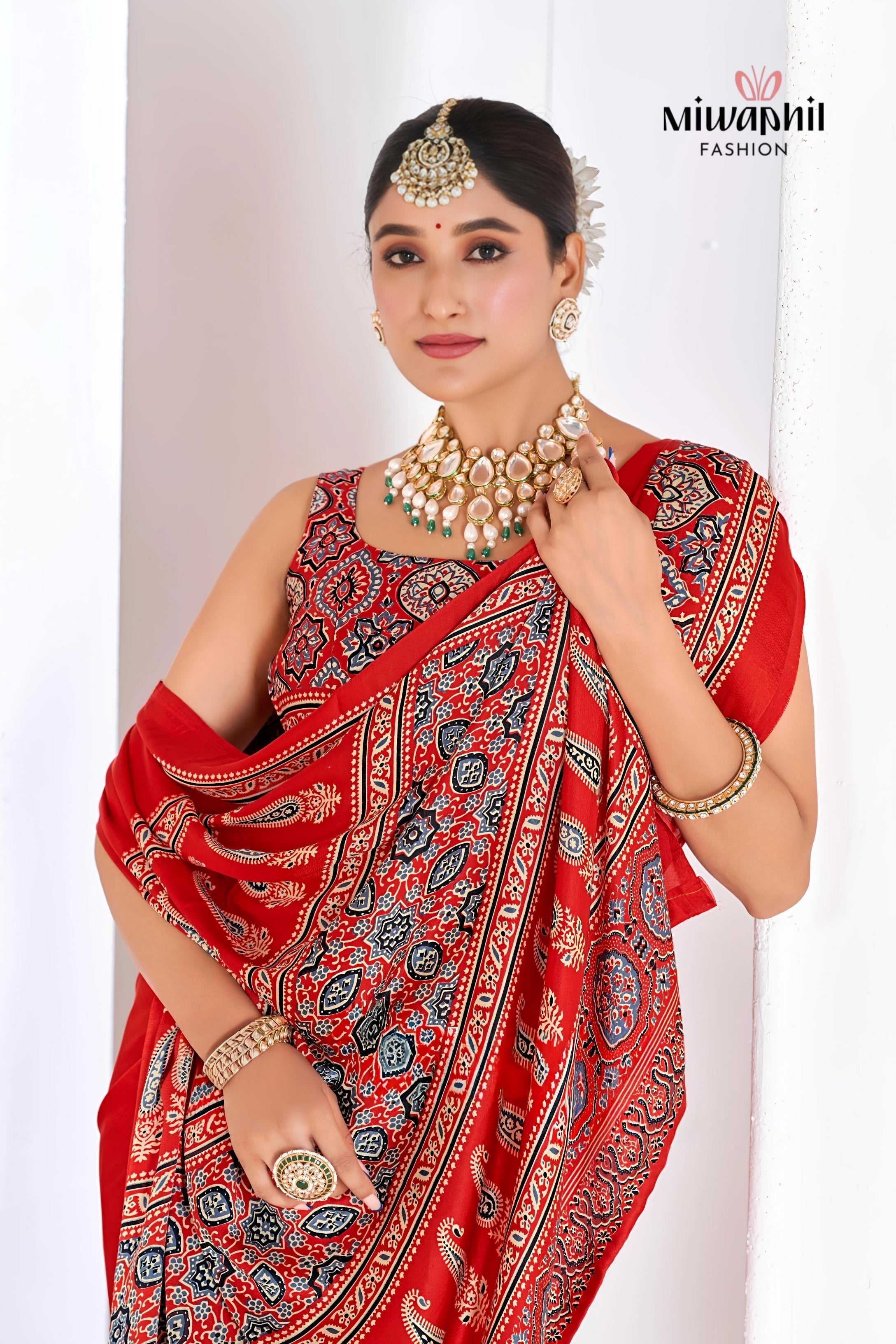 Maroon Ajrakh Printed Modal Silk Plain Saree With Ajrakh Blouse P6