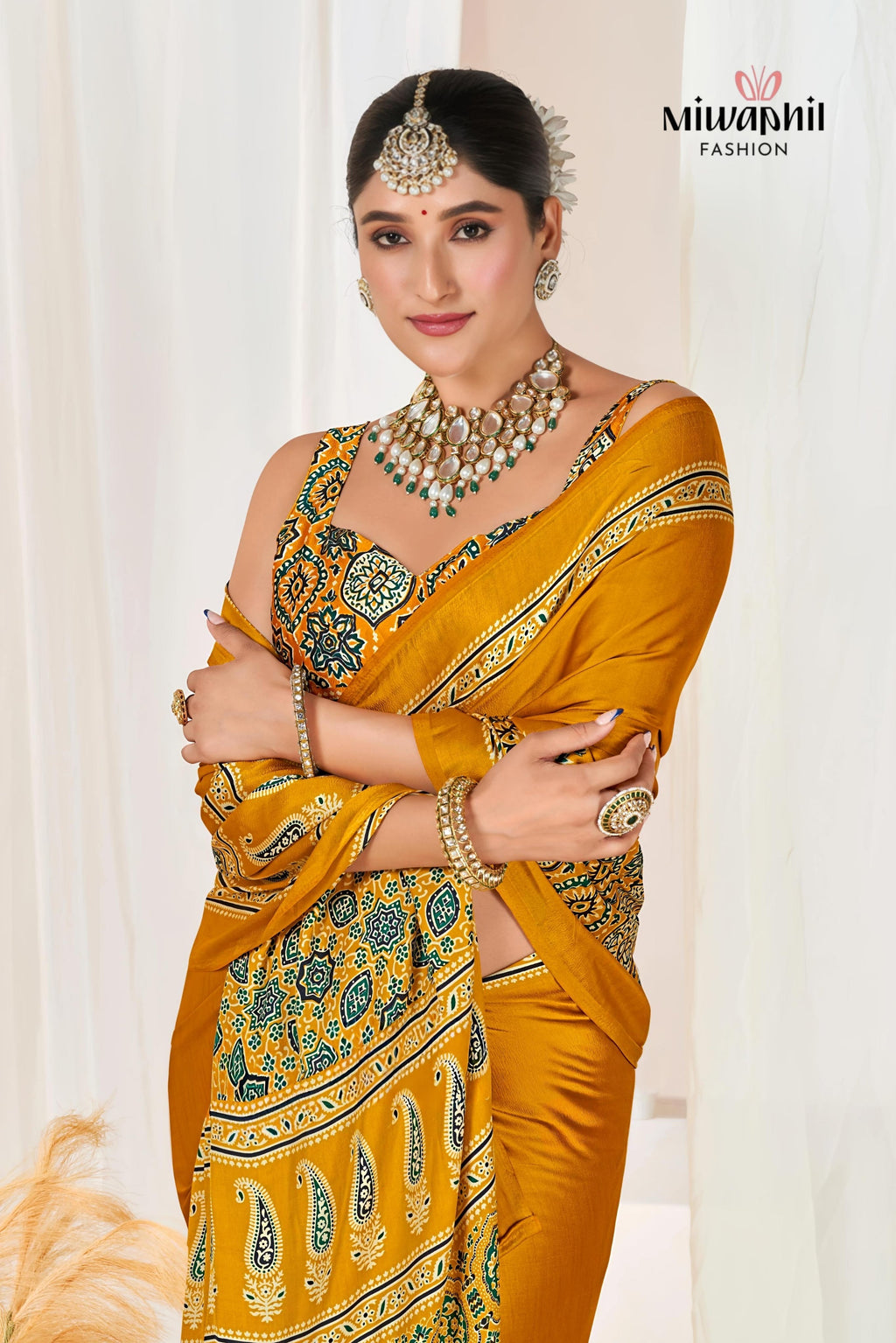 Yellow Ajrakh Printed Modal Silk Plain Saree With Ajrakh Blouse P6