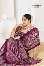 Wine Ajrakh Printed Modal Silk Plain Saree With Ajrakh Blouse P6