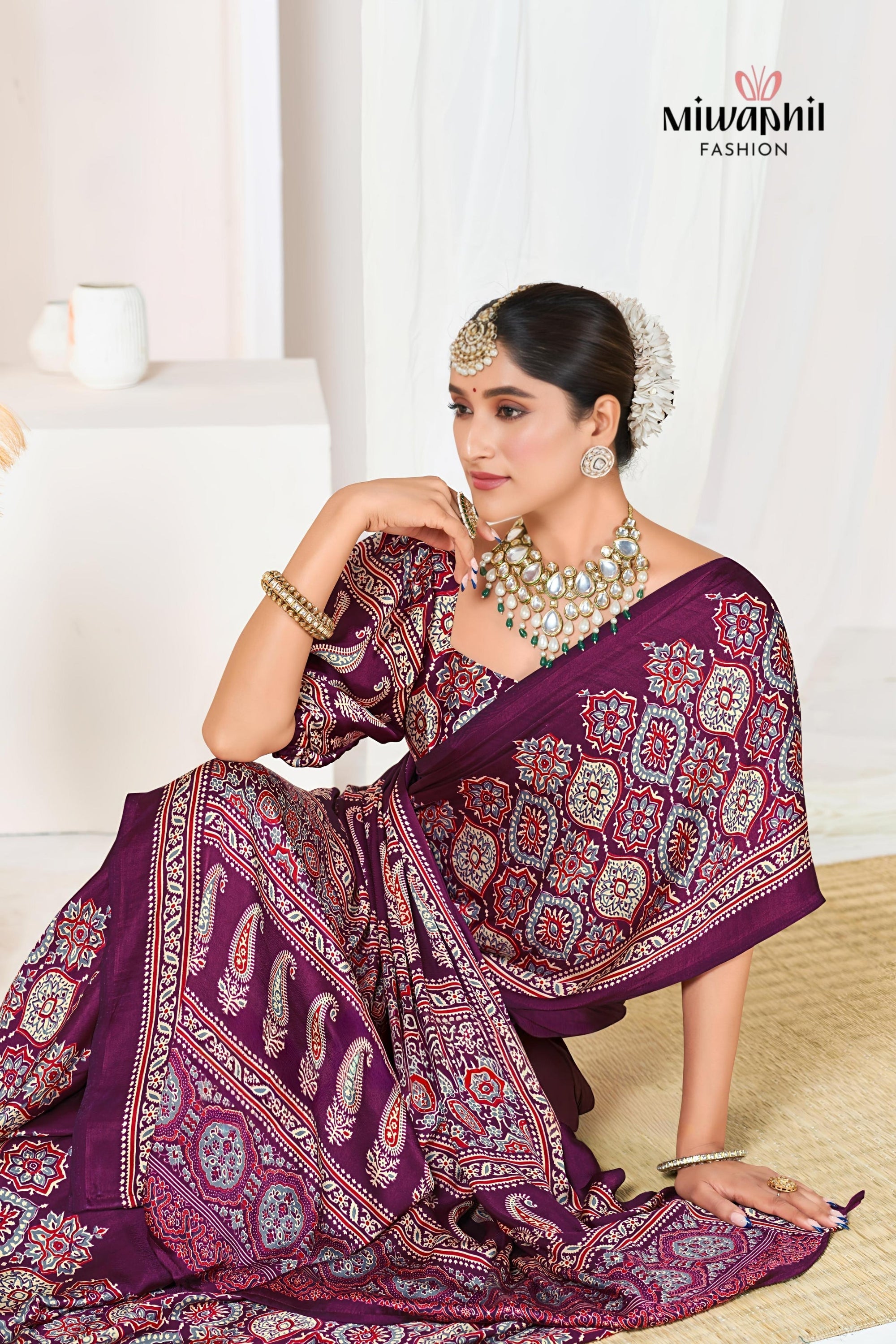 Wine Ajrakh Printed Modal Silk Plain Saree With Ajrakh Blouse P6