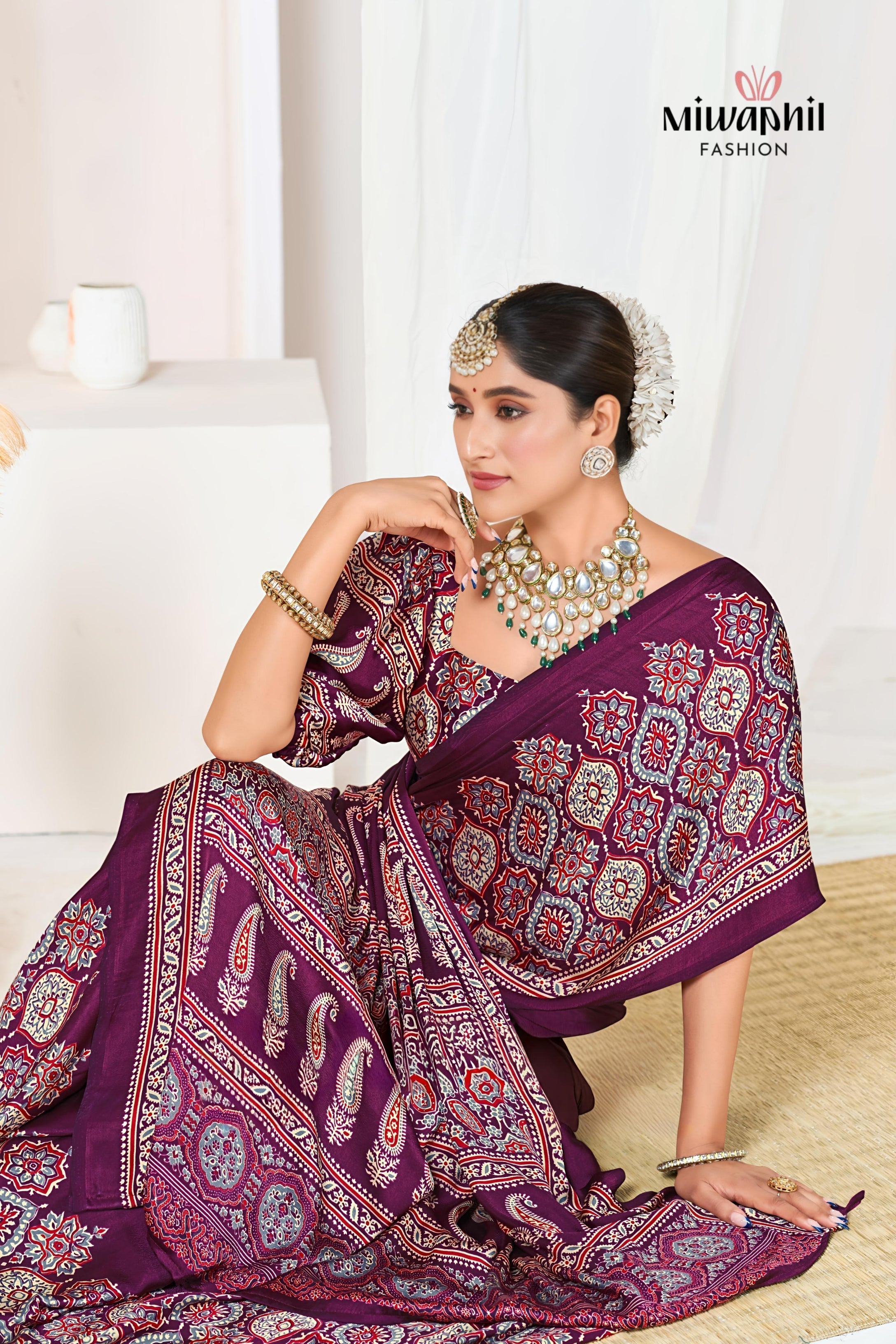 Wine Ajrakh Printed Modal Silk Plain Saree With Ajrakh Blouse P6