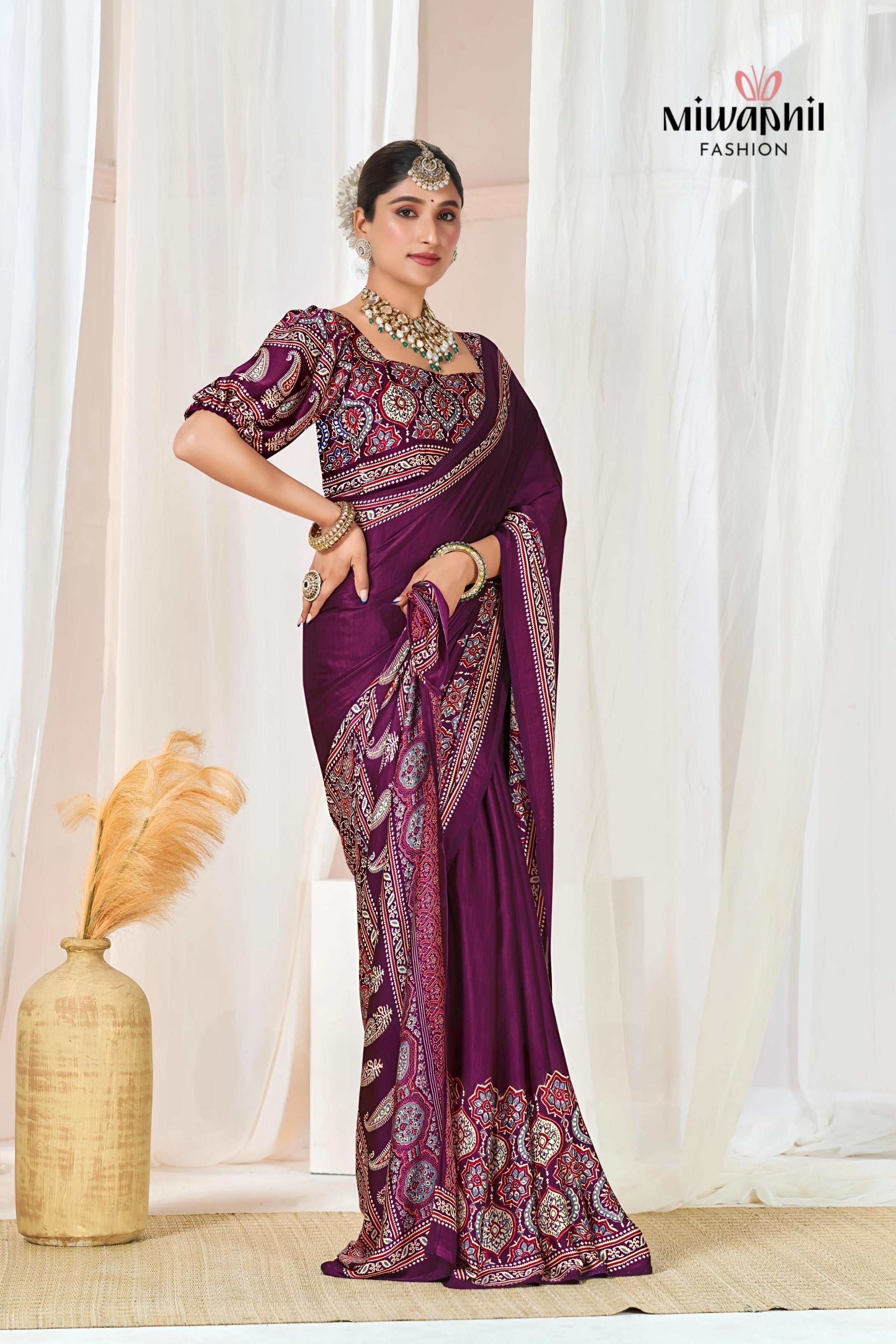 Wine Ajrakh Printed Modal Silk Plain Saree With Ajrakh Blouse P6