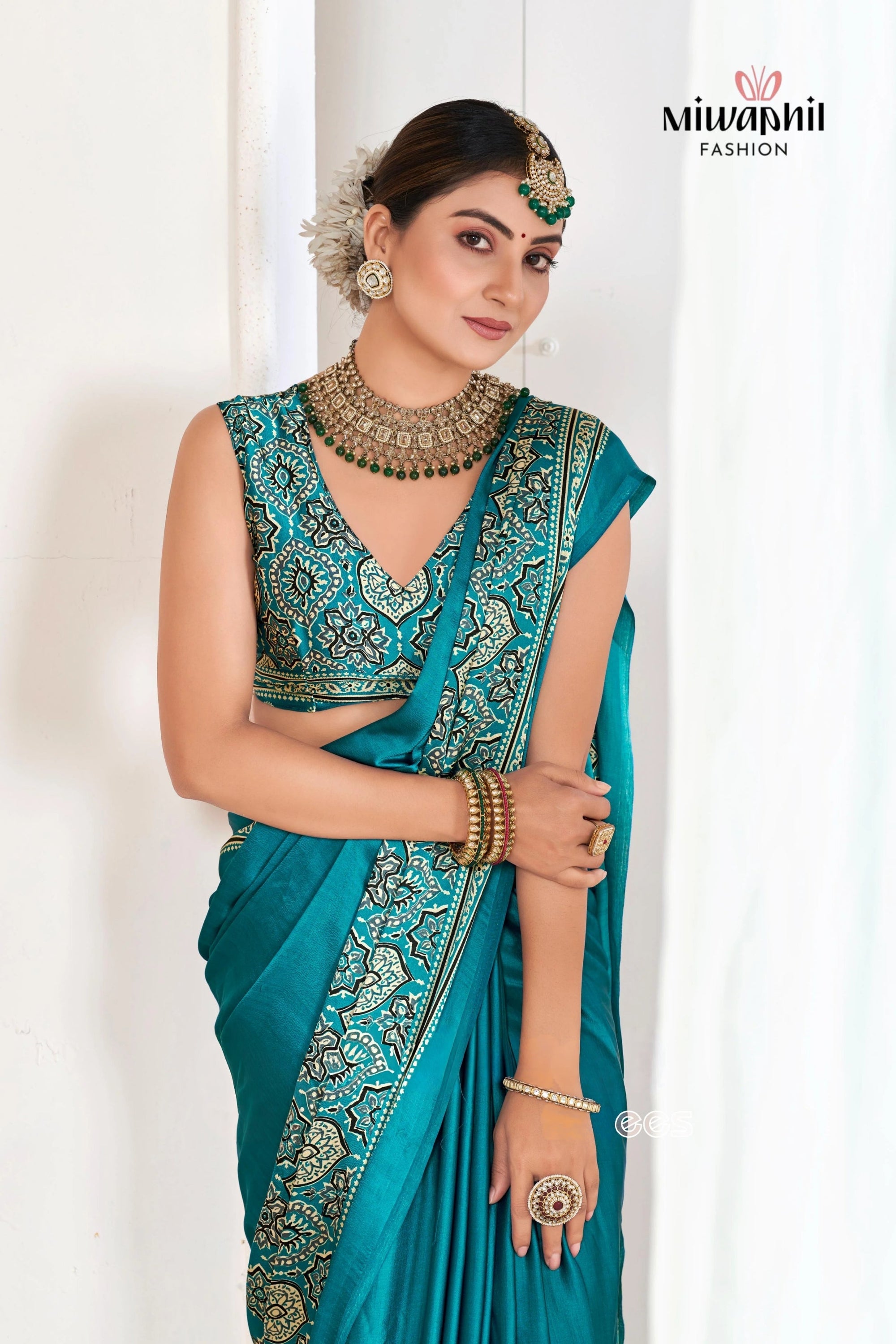 Rama Ajrakh Printed Modal Silk Plain Saree With Ajrakh Blouse P6