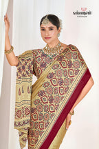 Cream Ajrakh Printed Modal Silk Plain Saree With Ajrakh Blouse P6
