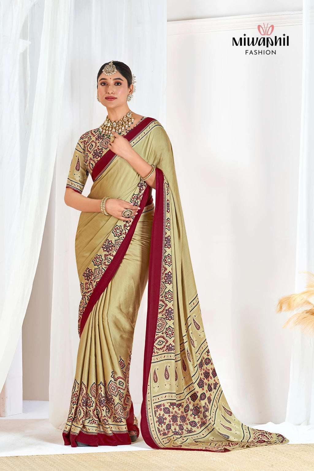 Cream Ajrakh Printed Modal Silk Plain Saree With Ajrakh Blouse P6