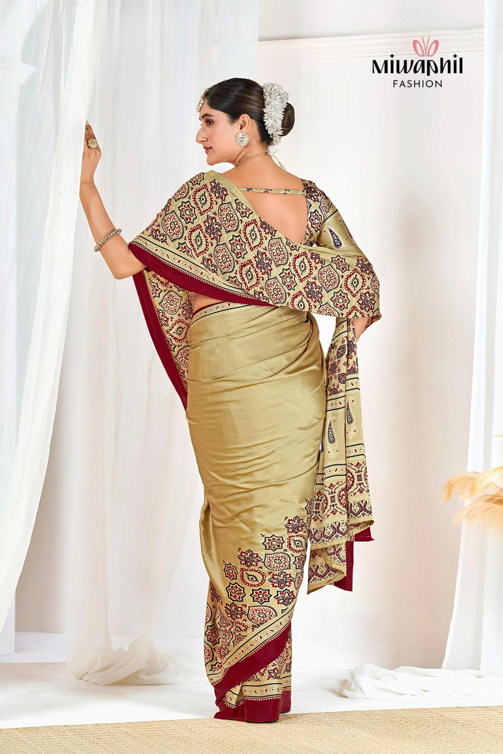 Cream Ajrakh Printed Modal Silk Plain Saree With Ajrakh Blouse P6