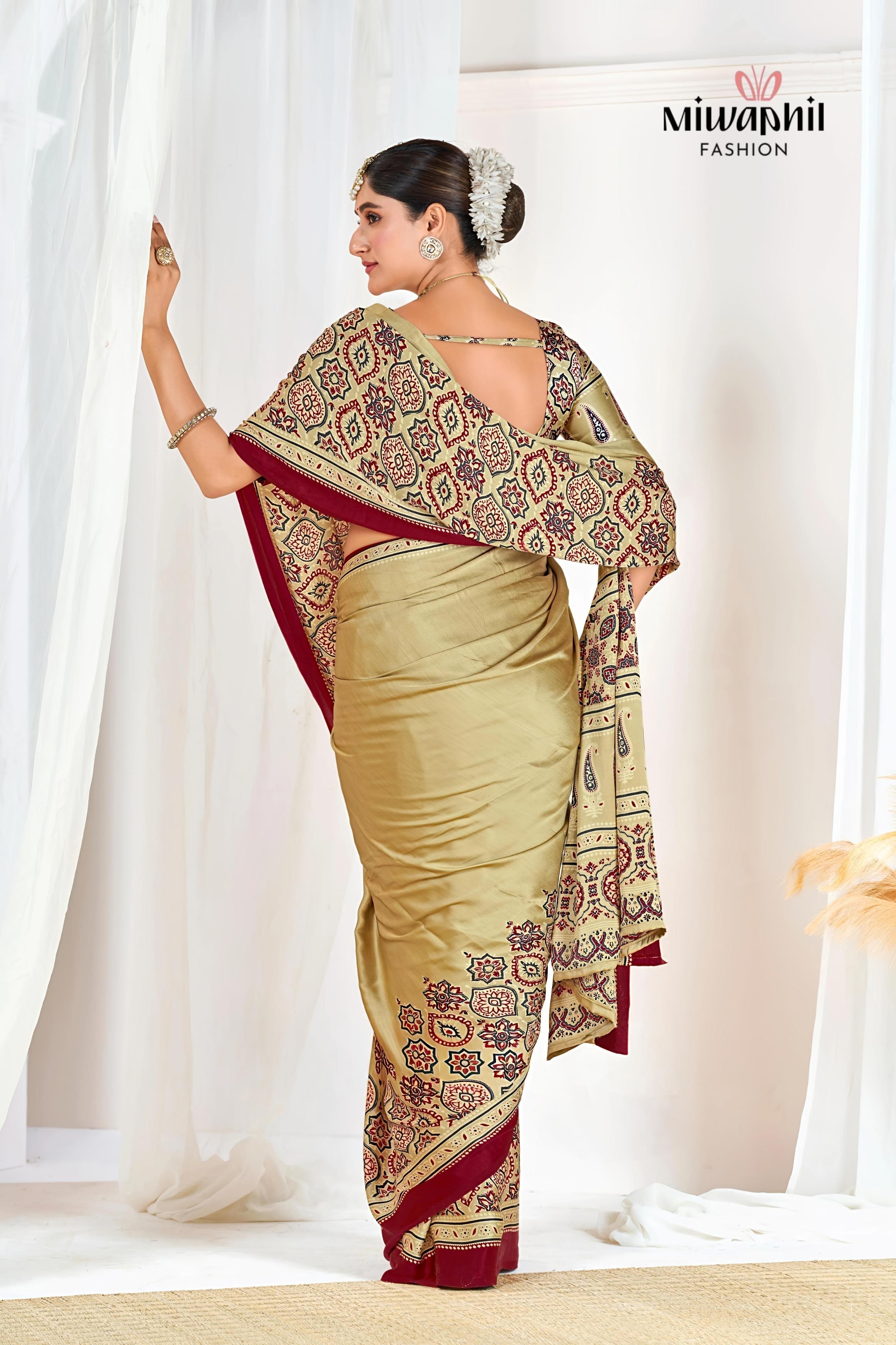 Cream Ajrakh Printed Modal Silk Plain Saree With Ajrakh Blouse P6