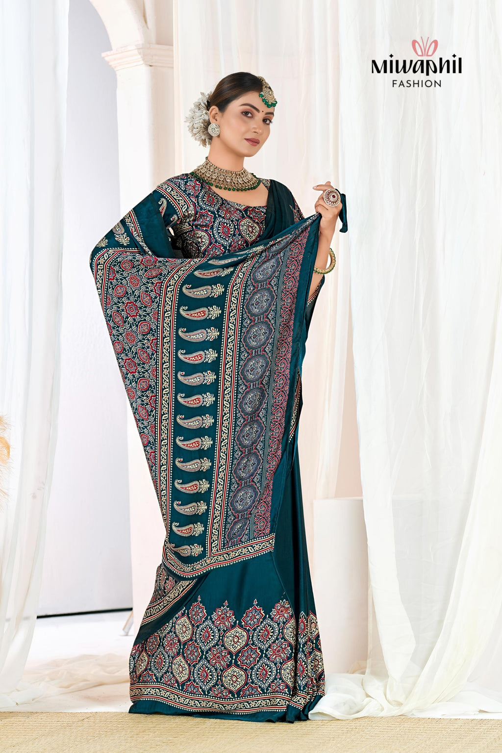 Indigo Morpich Ajrakh Printed Modal Silk Plain Saree With Ajrakh Blouse P6