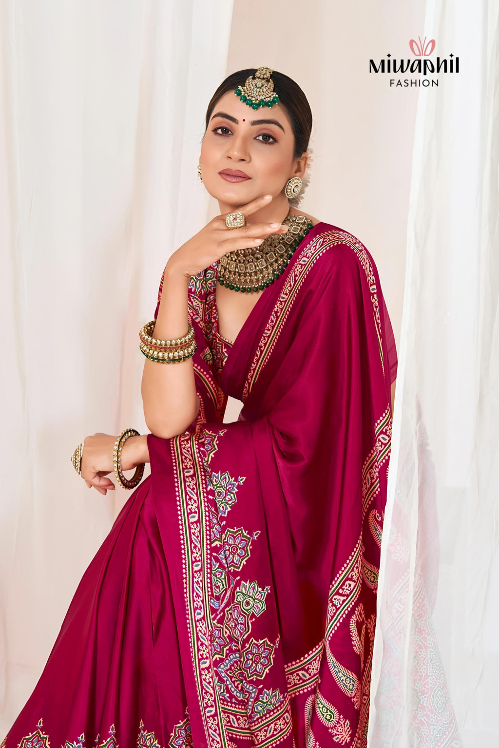 Rani Ajrakh Printed Modal Silk Plain Saree With Ajrakh Blouse P6
