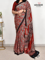 Red Ajrakh Printed Soft Gaji Silk Natural Print Saree