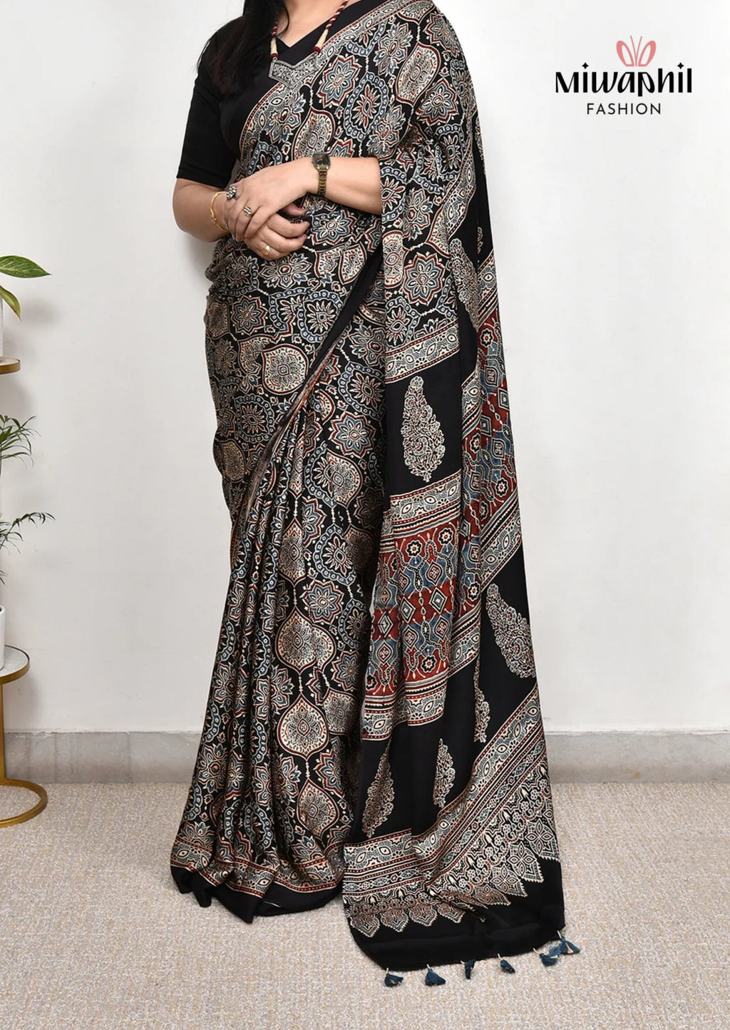 Black Ajrakh Printed Soft Gaji Silk Natural Print Saree