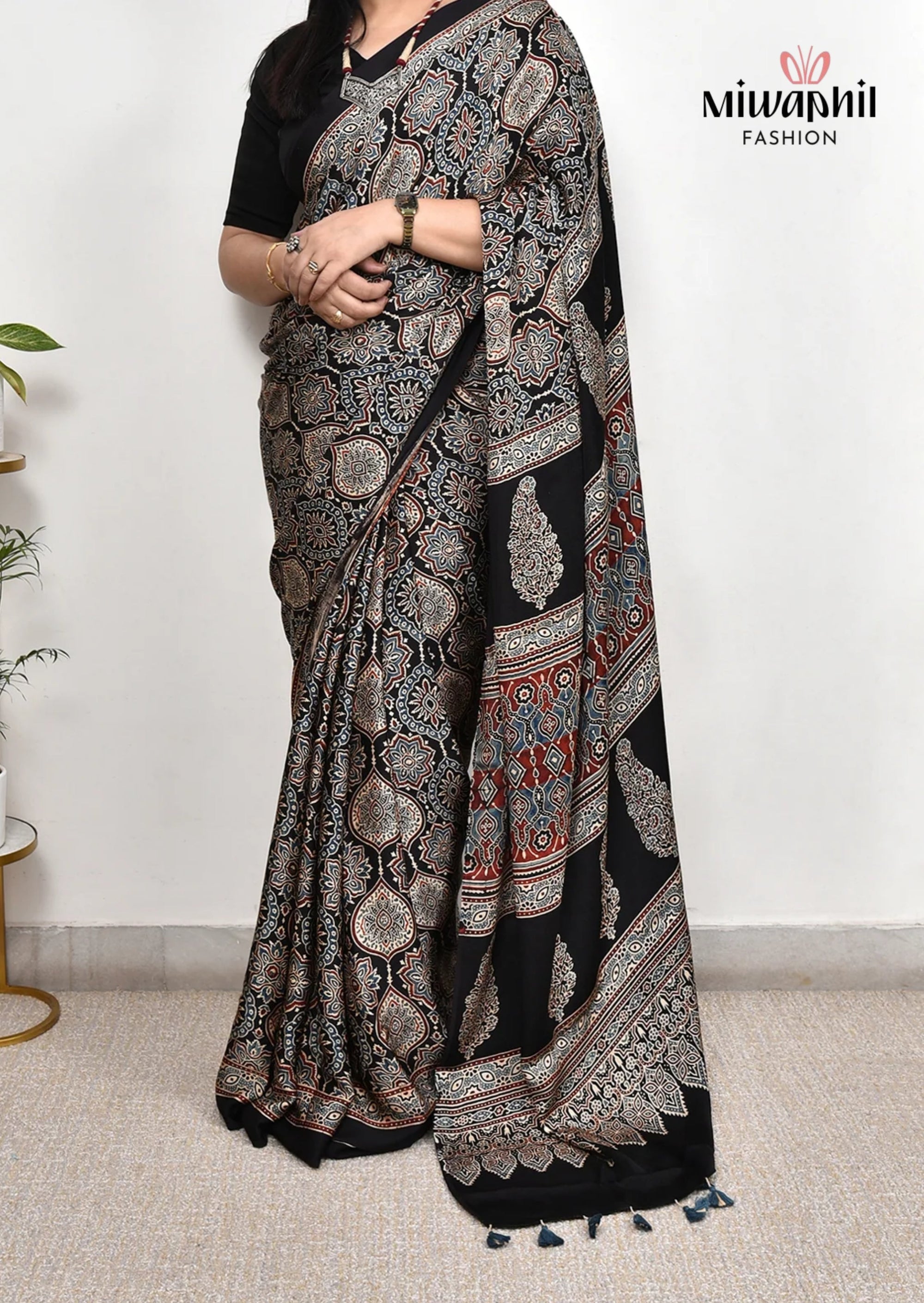 Black Ajrakh Printed Soft Gaji Silk Natural Print Saree