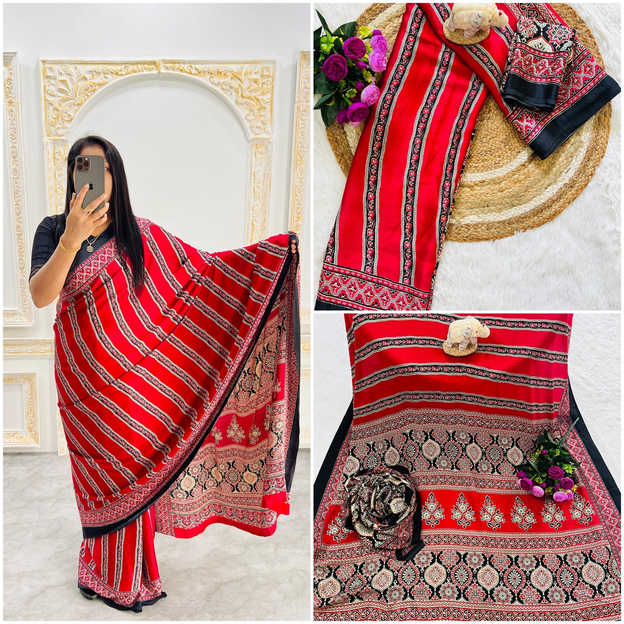 Ajrakh Printed Semi Gaji Silk Saree With Ajrakh Blouse