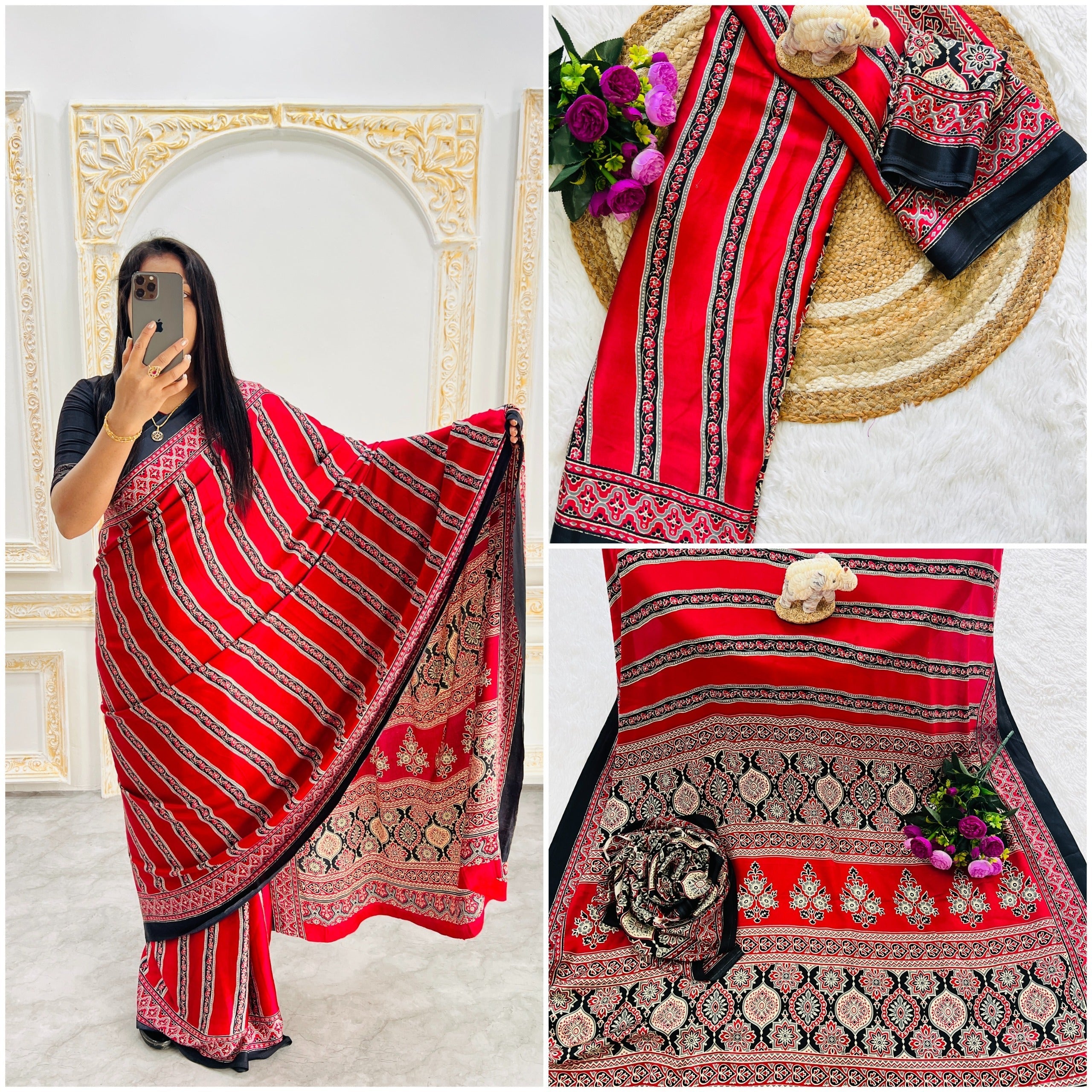 Ajrakh Printed Semi Gaji Silk Saree With Ajrakh Blouse