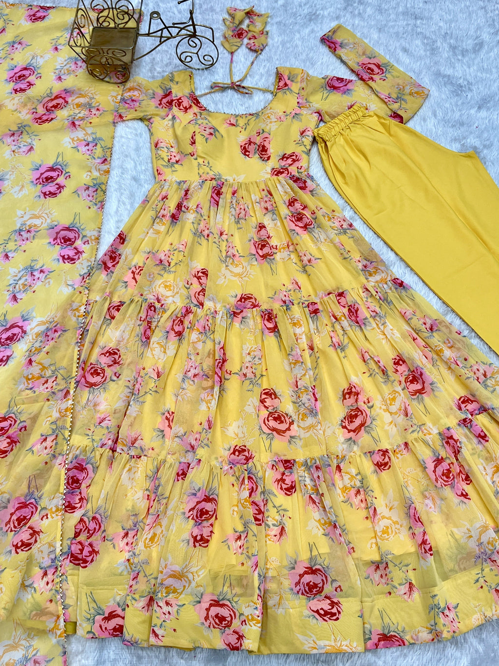 Yellow Heavy Pure Fox Georgette Multi Floral Print Suit