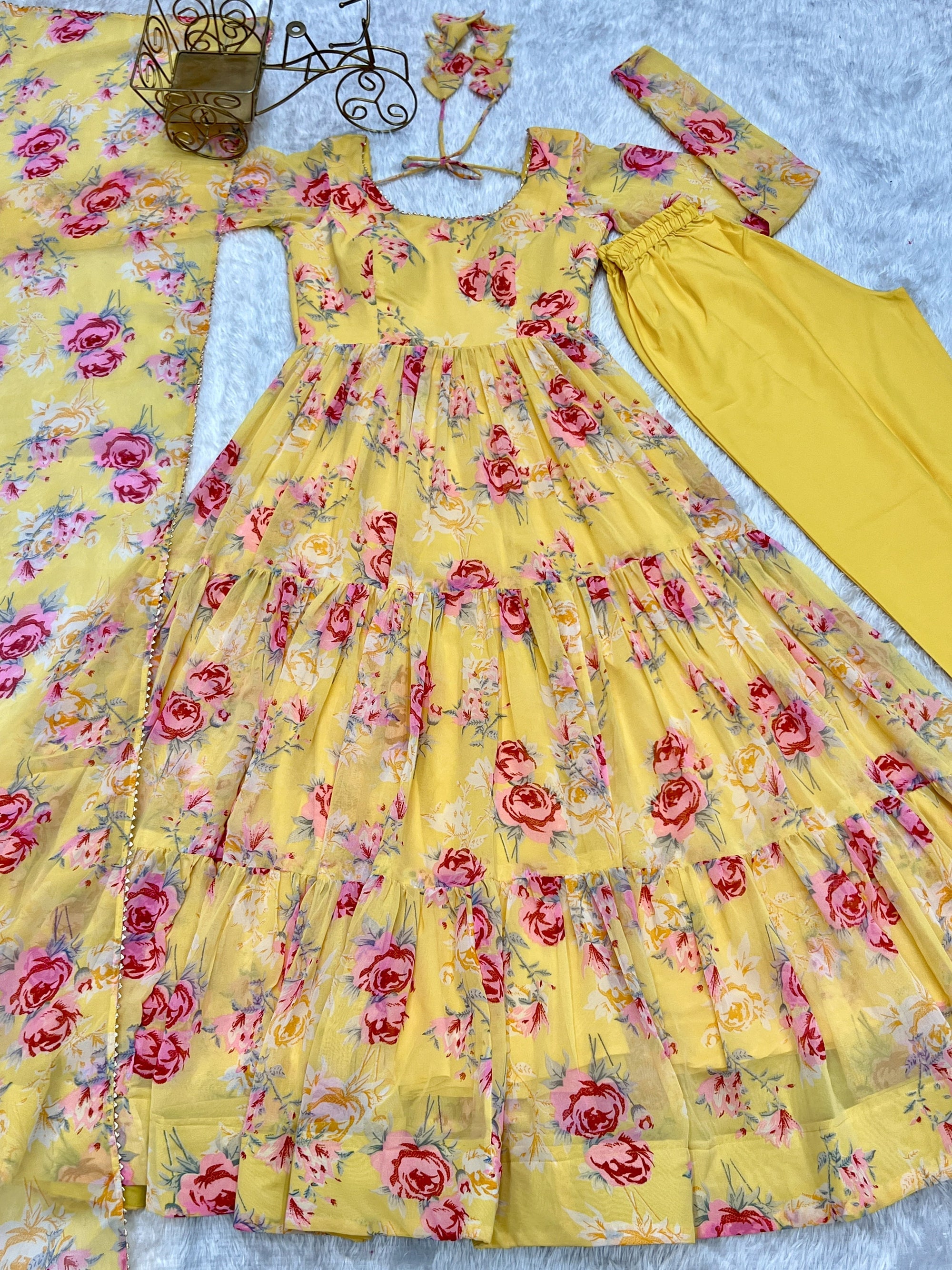 Yellow Heavy Pure Fox Georgette Multi Floral Print Suit