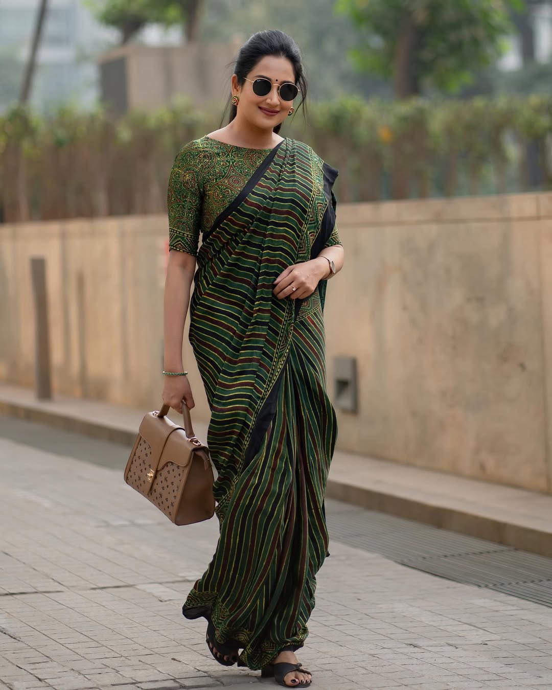 Green Line Ajrakh Primum Modal Silk Saree With Blouse