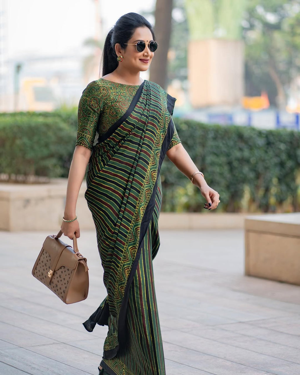 Green Line Ajrakh Primum Modal Silk Saree With Blouse