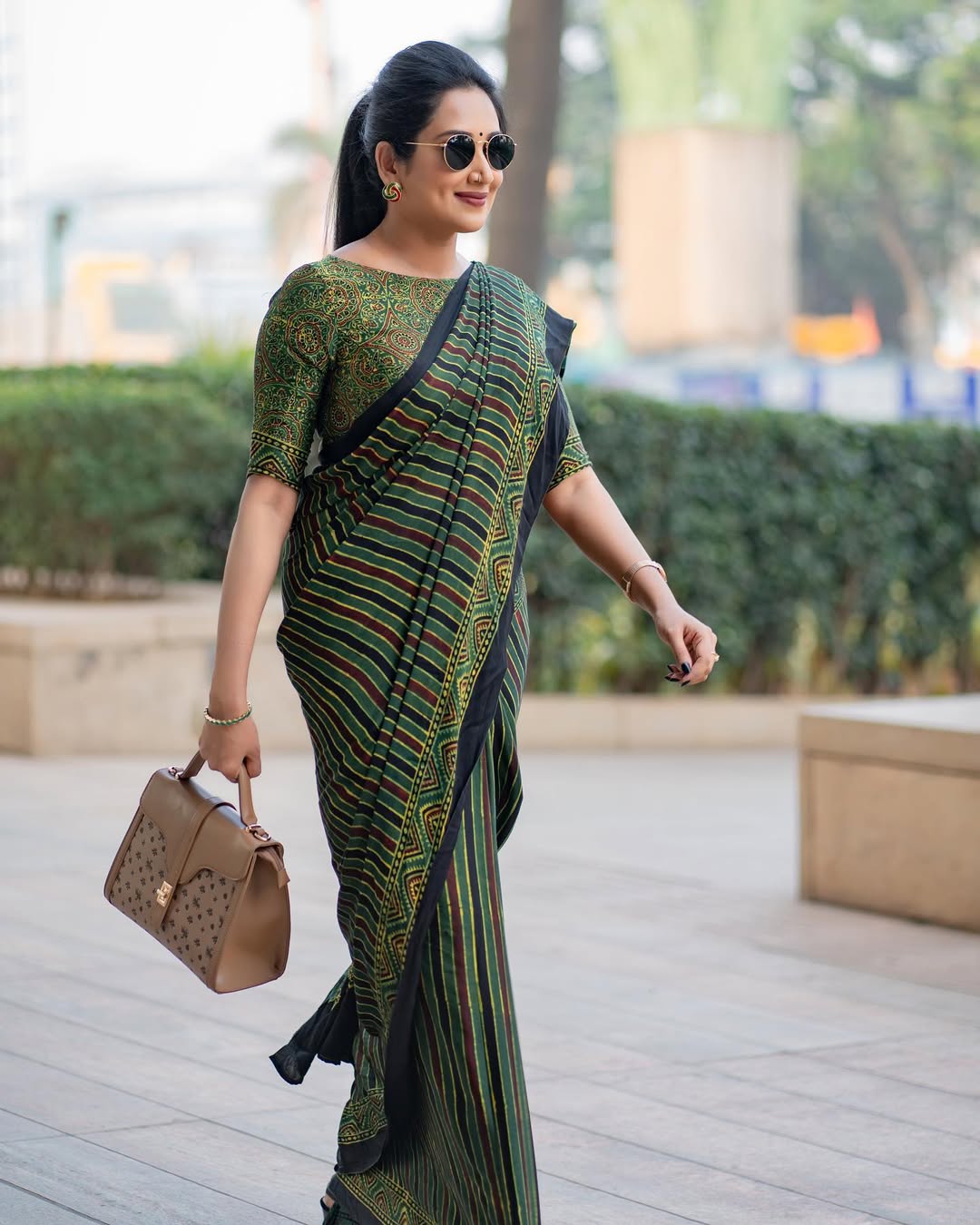Green Line Ajrakh Primum Modal Silk Saree With Blouse