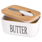 Butter Dish With Wooden Lid,Large Butter Container Keeper Storage Plate With Steal Butter Knife,Bamboo Cover And Silicone Sealing Ring For West East Coast Butter