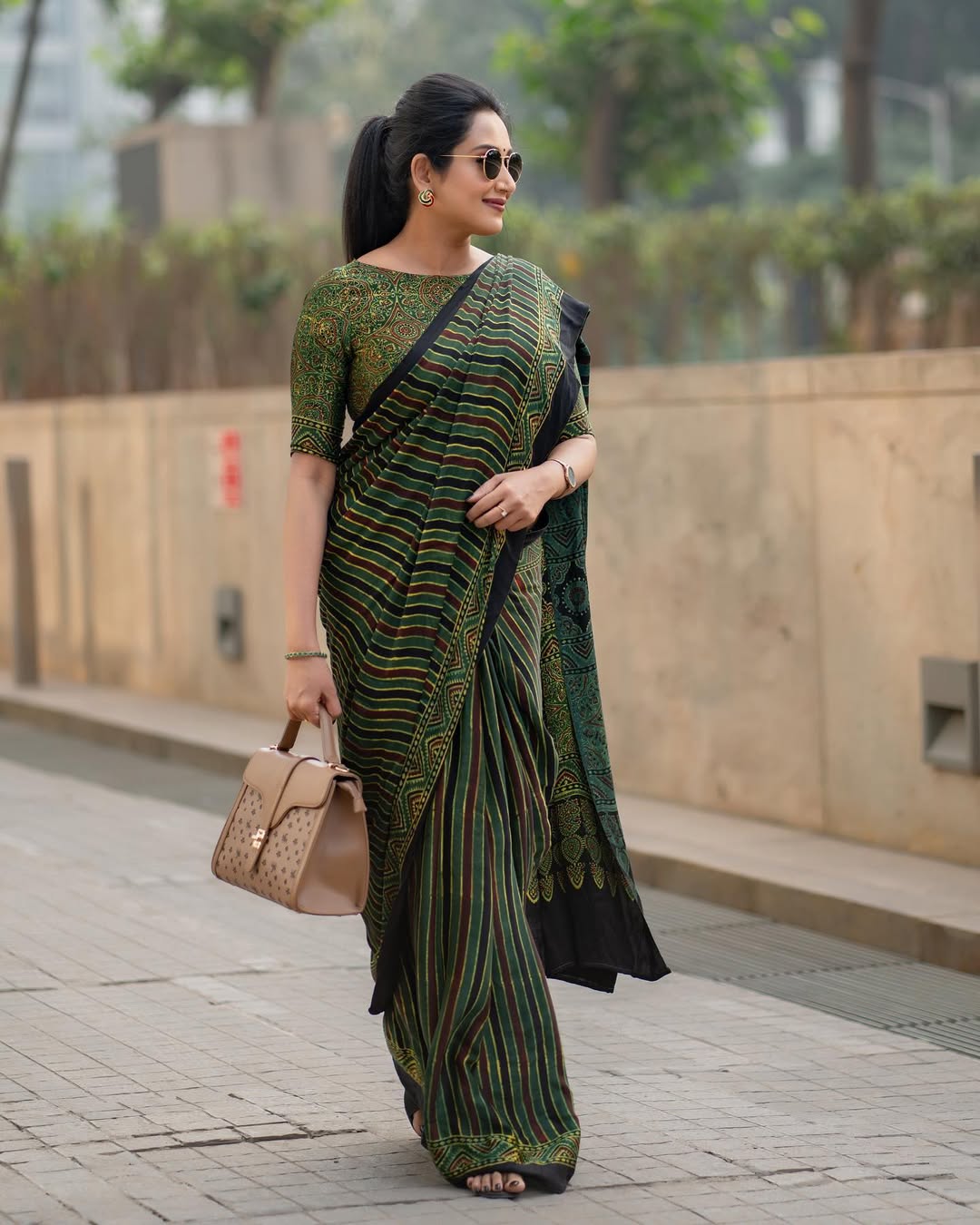 Green Line Ajrakh Primum Modal Silk Saree With Blouse