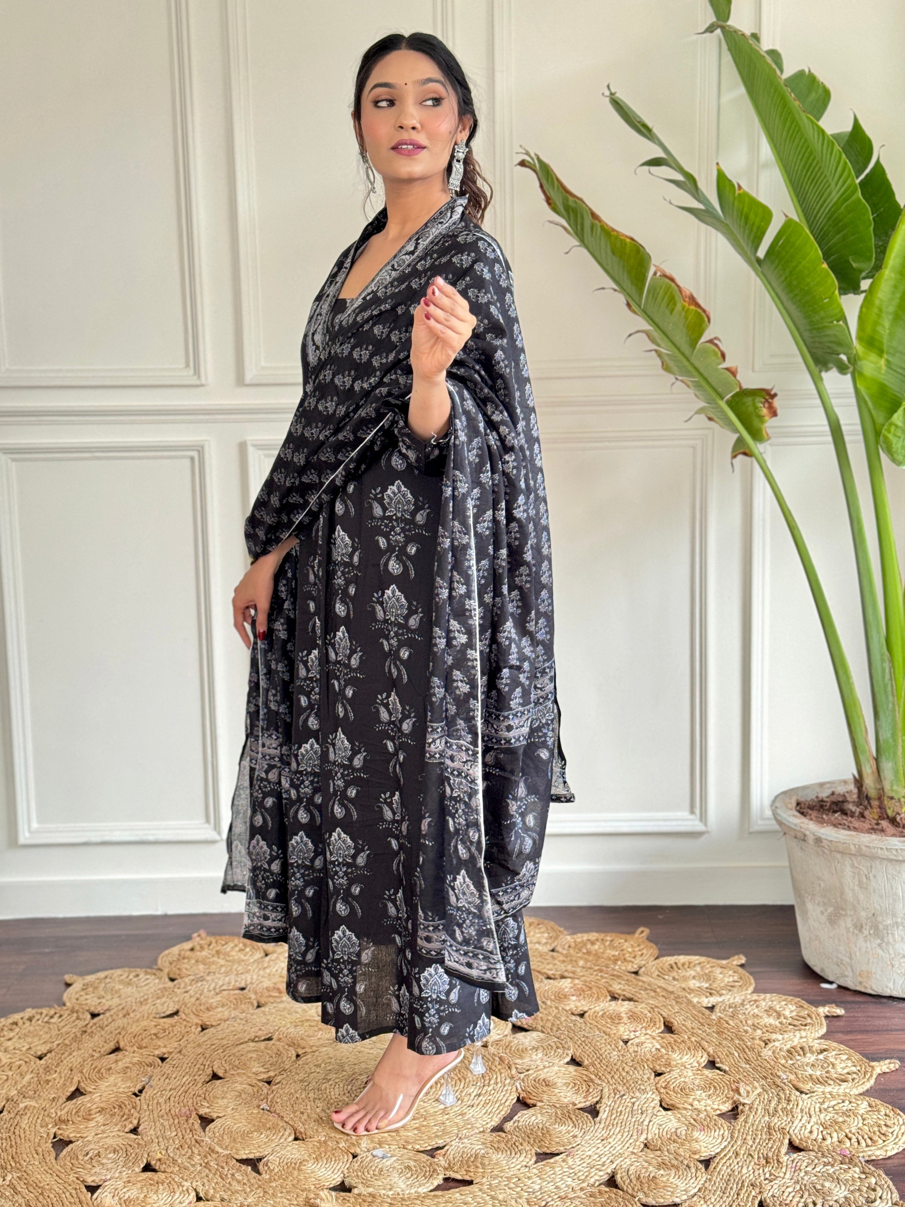 Beautiful Black Pure Cotton Fabric Kurtis Pant Set