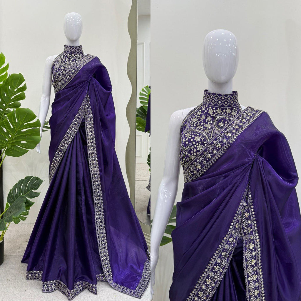 Blue Beautiful Designer Saree on Jimmy Chu Fabric with Thread & Sequence work