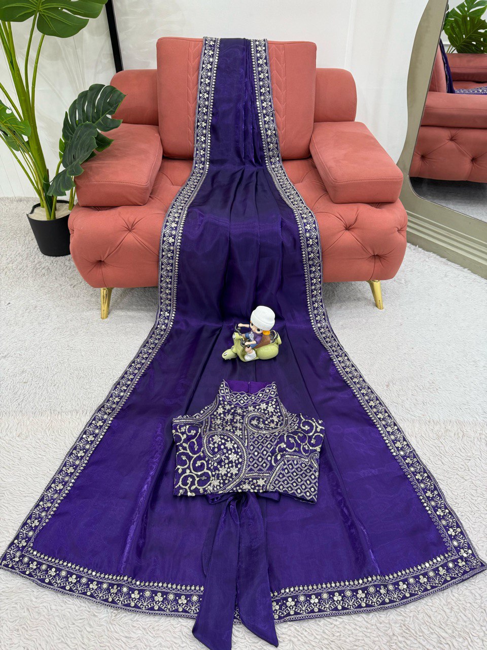Blue Beautiful Designer Saree on Jimmy Chu Fabric with Thread & Sequence work