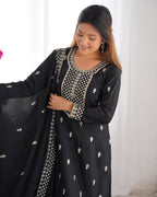Black Pure Chinon Silk Fabric With Beautiful Embroidery Sequence And Jari Work Plazzo Set
