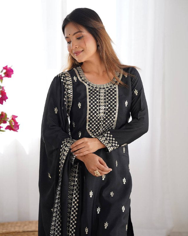 Black Pure Chinon Silk Fabric With Beautiful Embroidery Sequence And Jari Work Plazzo Set