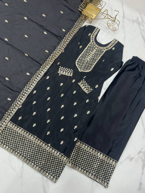 Black Pure Chinon Silk Fabric With Beautiful Embroidery Sequence And Jari Work Plazzo Set