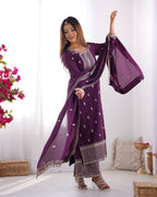 Wine Pure Chinon Silk Fabric With Beautiful Embroidery Sequence And Jari Work Plazzo Set
