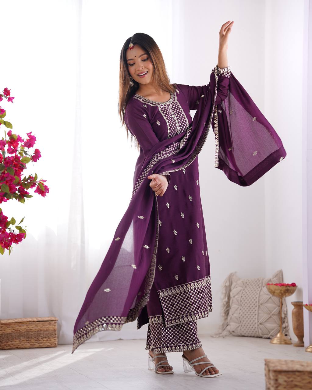Wine Pure Chinon Silk Fabric With Beautiful Embroidery Sequence And Jari Work Plazzo Set